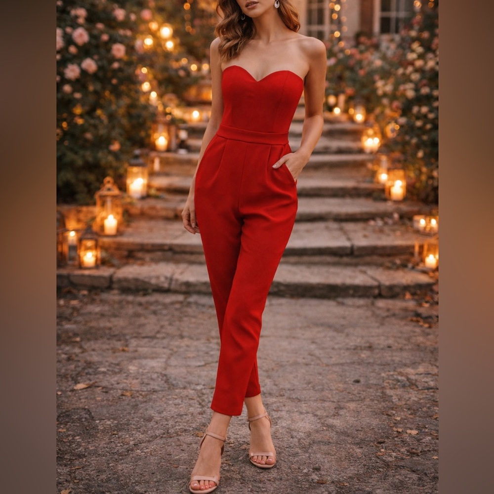 Express Red Size 2 Strapless Pants Romper Pockets Sweetheart Neck Fitted Chic